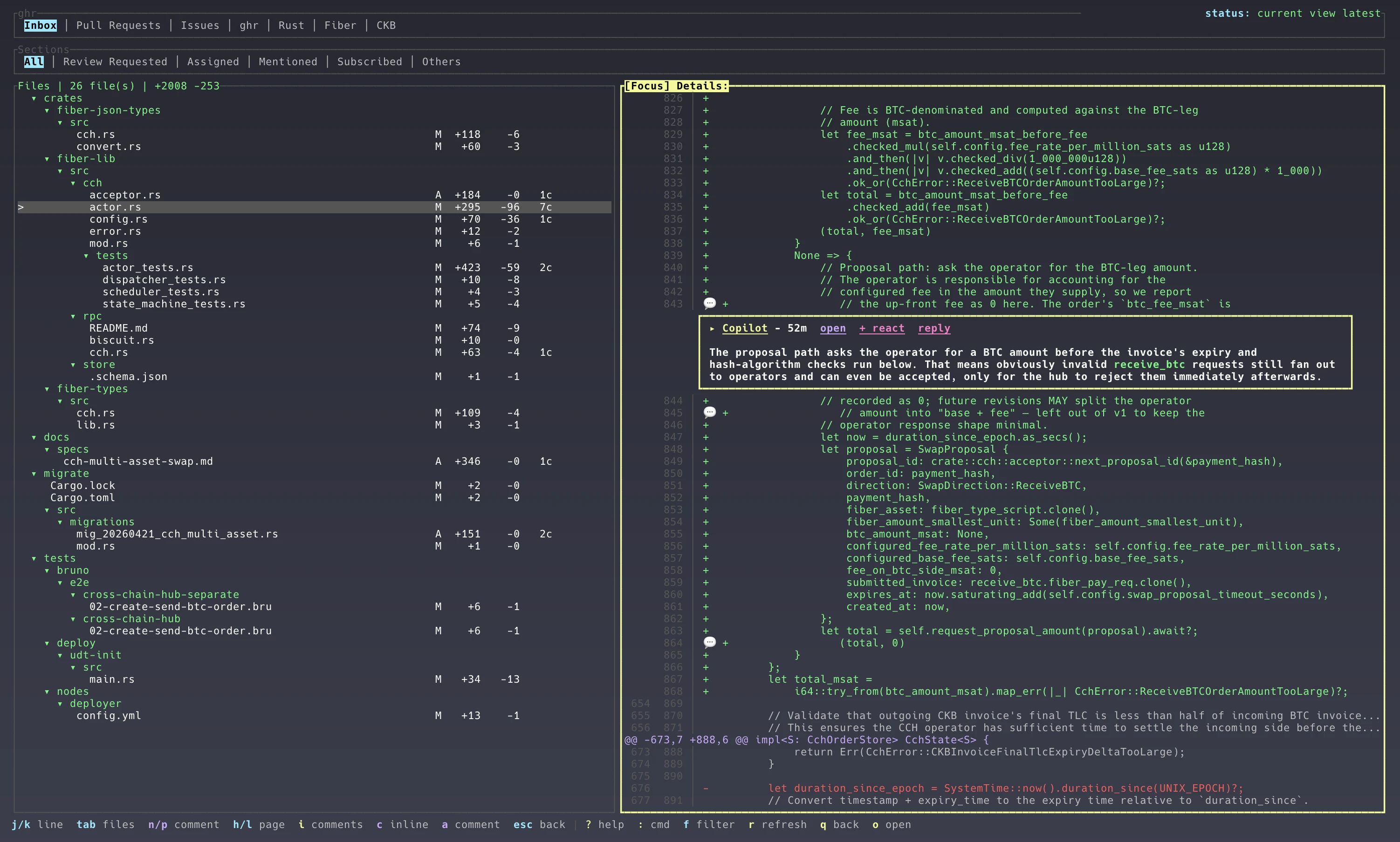 ghr diff review mode showing changed files and a file diff