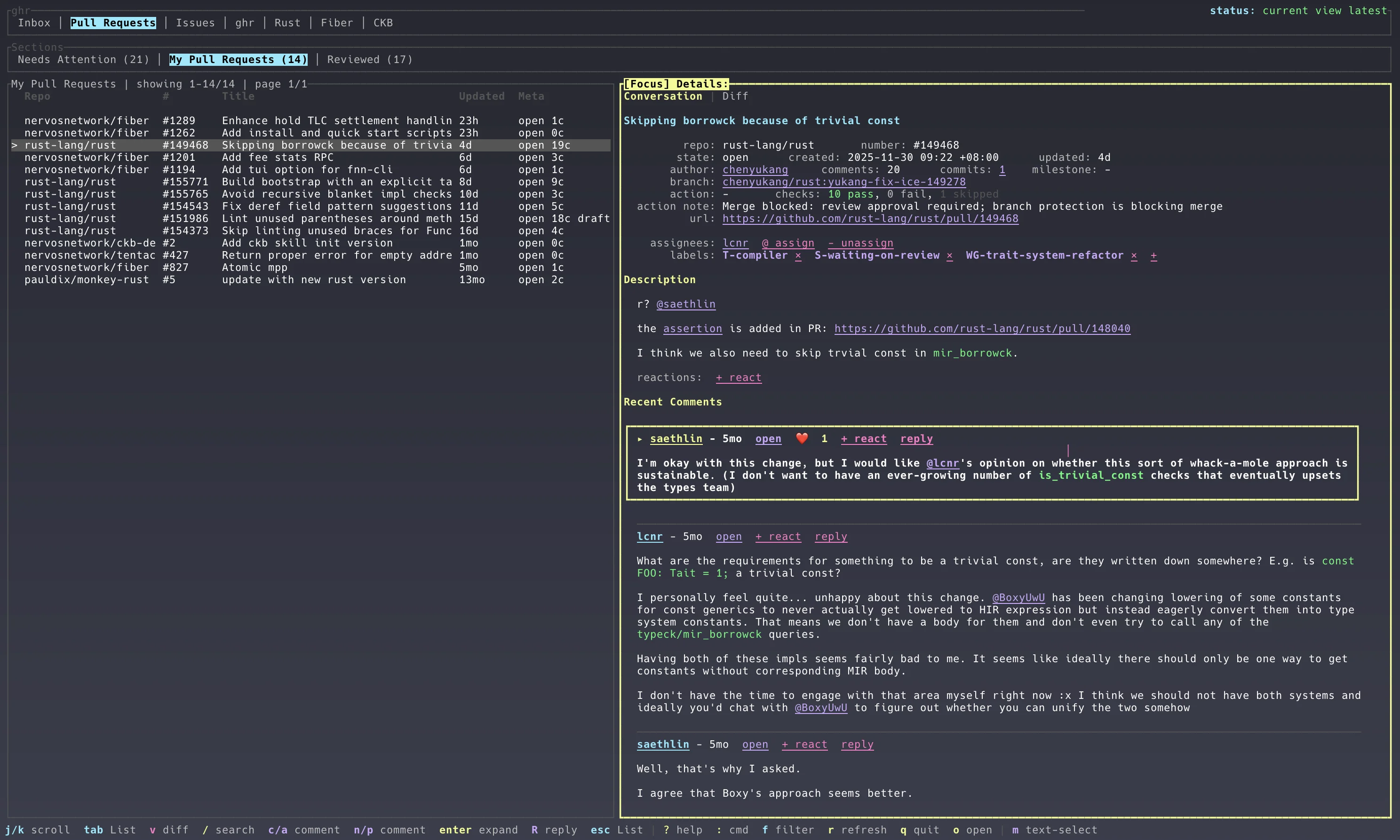 ghr terminal dashboard showing GitHub pull requests and details